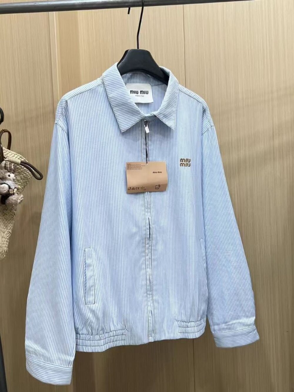 Miu Miu Light Blue White Pinstripe Cotton Zip Collared Jacket - Picture 2 of 4